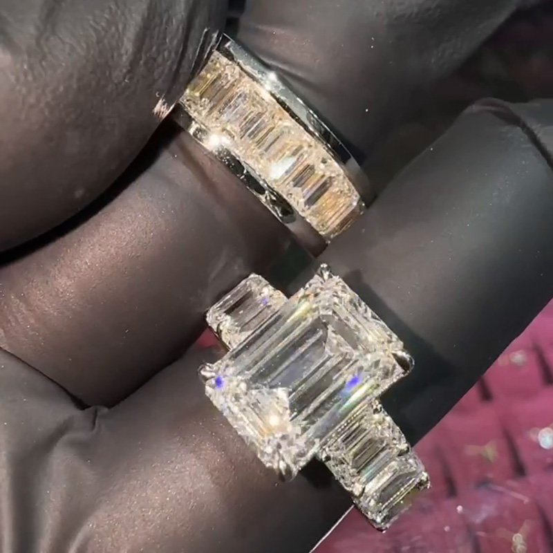 6ct Emerald Cut White Sapphire Men's 2-Piece Ring Set