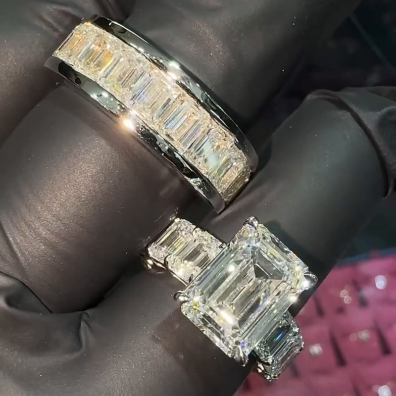 6ct Emerald Cut White Sapphire Men's 2-Piece Ring Set