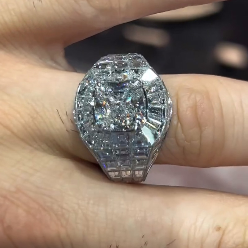 4ct Cushion Cut With  Banquette Cut White Sapphires Setting Handmade Men's Ring