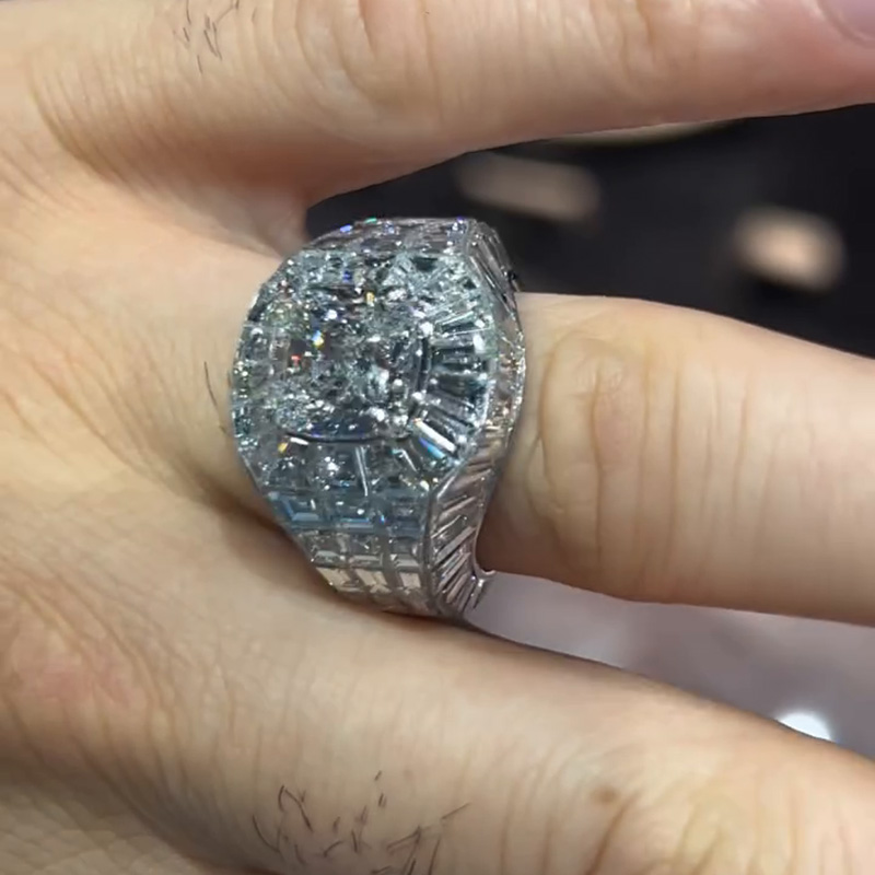 4ct Cushion Cut With  Banquette Cut White Sapphires Setting Handmade Men's Ring