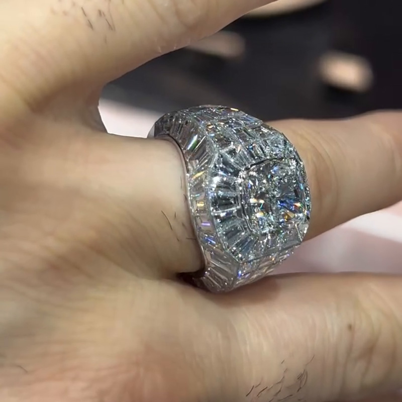 4ct Cushion Cut With  Banquette Cut White Sapphires Setting Handmade Men's Ring