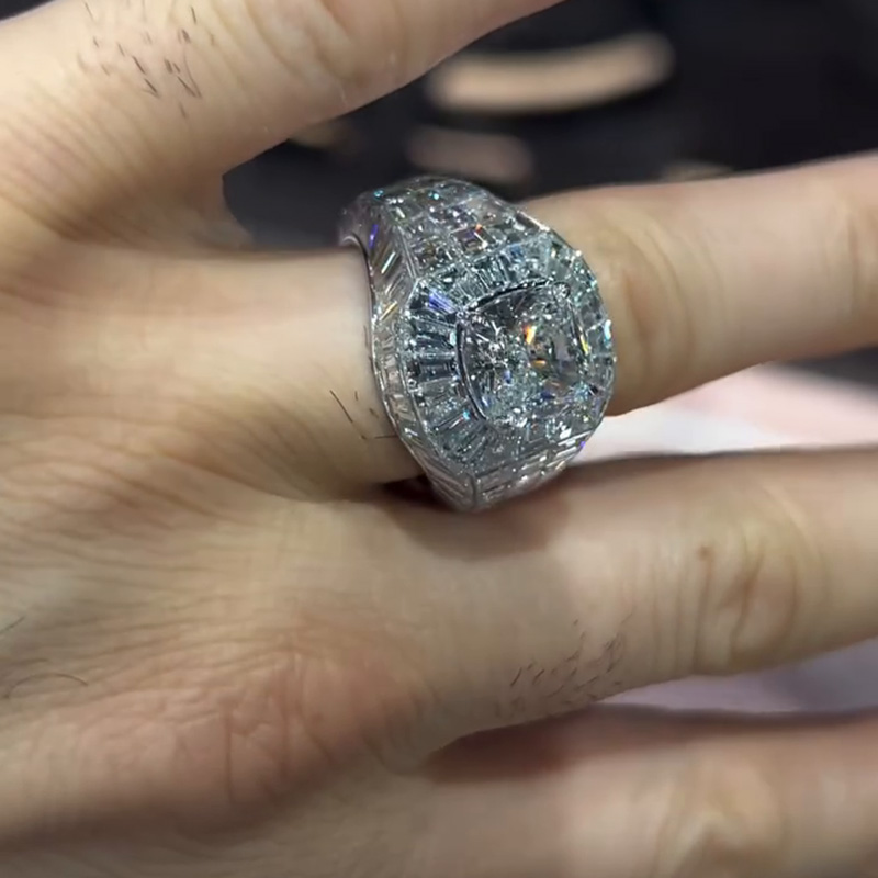 4ct Cushion Cut With  Banquette Cut White Sapphires Setting Handmade Men's Ring