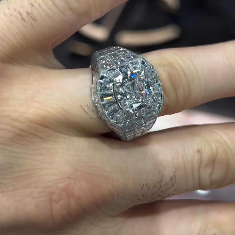 4ct Cushion Cut With  Banquette Cut White Sapphires Setting Handmade Men's Ring