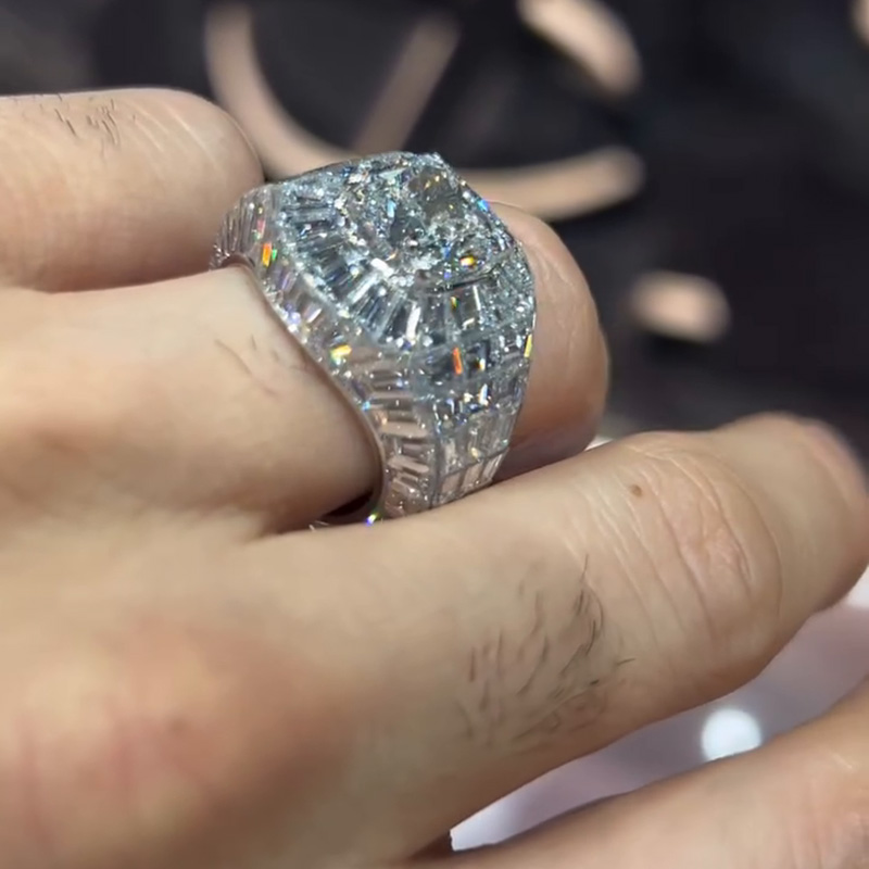 4ct Cushion Cut With  Banquette Cut White Sapphires Setting Handmade Men's Ring