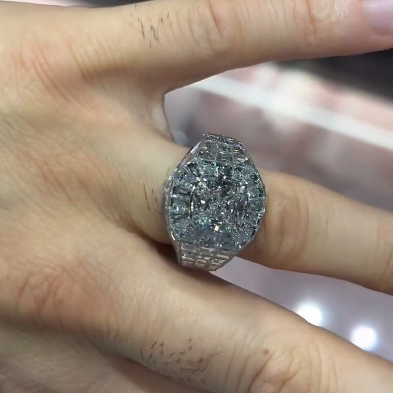 4ct Cushion Cut With  Banquette Cut White Sapphires Setting Handmade Men's Ring