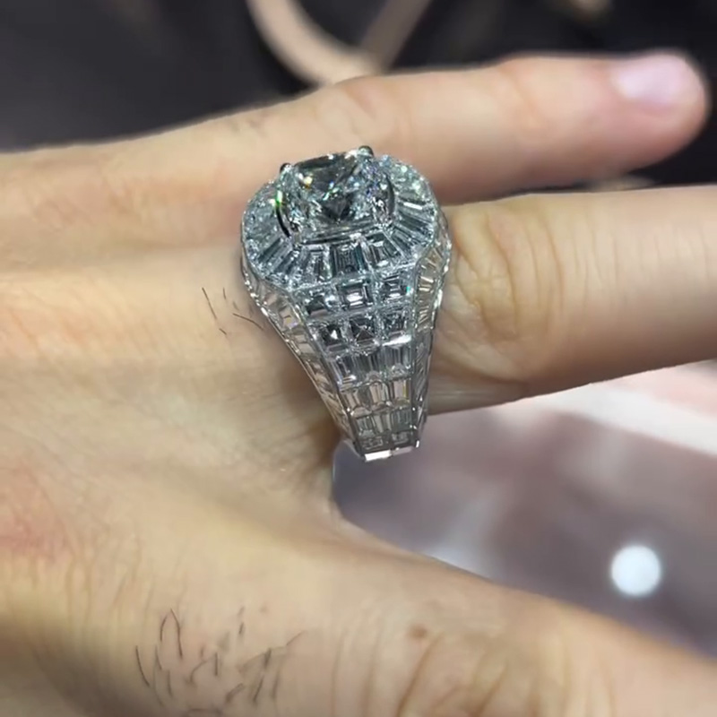 4ct Cushion Cut With  Banquette Cut White Sapphires Setting Handmade Men's Ring