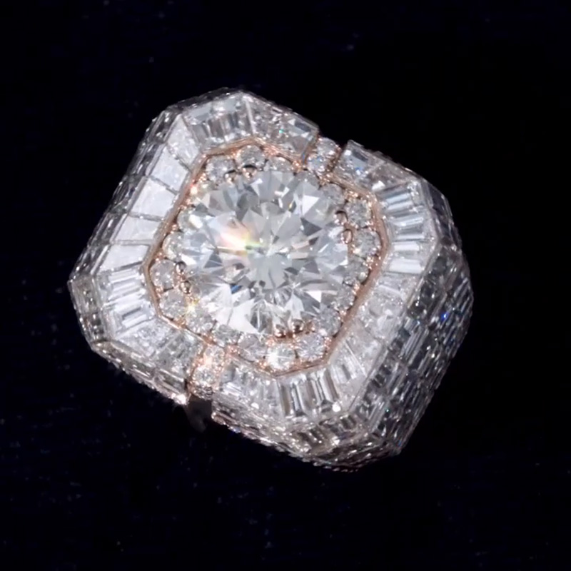 5ct Round Cut White Sapphire Halo With  Banquette Cut Setting Chandelier Men's Ring In Rose Gold