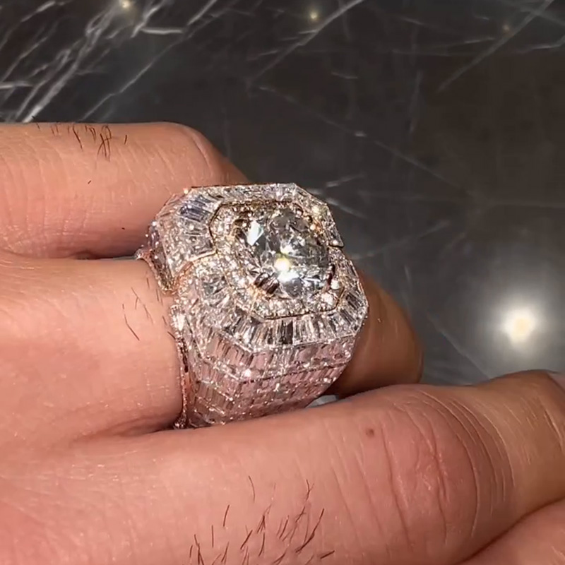 5ct Round Cut White Sapphire Halo With  Banquette Cut Setting Chandelier Men's Ring In Rose Gold