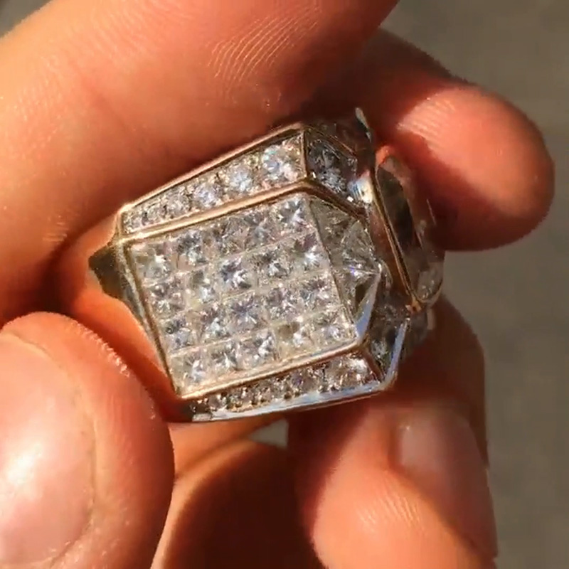 4.5ct Cushion Cut White Sapphire With Round & Trillion Cut Pave Setting Men's Ring In Yellow Gold