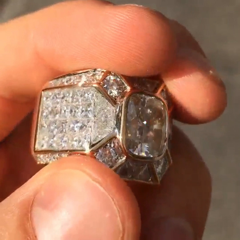 4.5ct Cushion Cut White Sapphire With Round & Trillion Cut Pave Setting Men's Ring In Yellow Gold