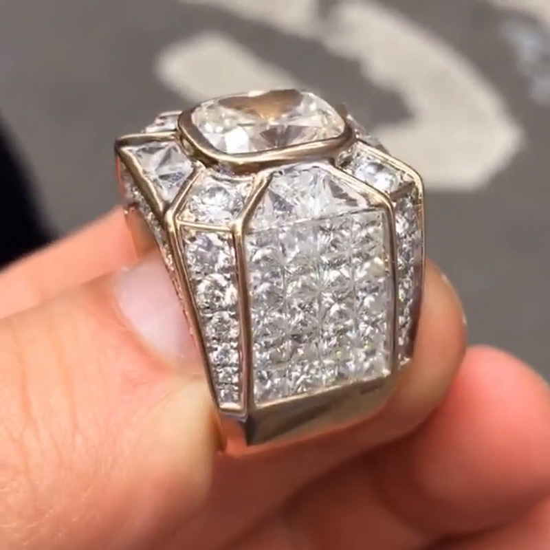 4.5ct Cushion Cut White Sapphire With Round & Trillion Cut Pave Setting Men's Ring In Yellow Gold