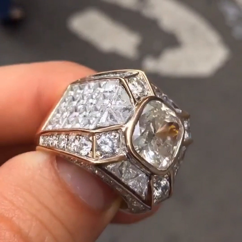 4.5ct Cushion Cut White Sapphire With Round & Trillion Cut Pave Setting Men's Ring In Yellow Gold