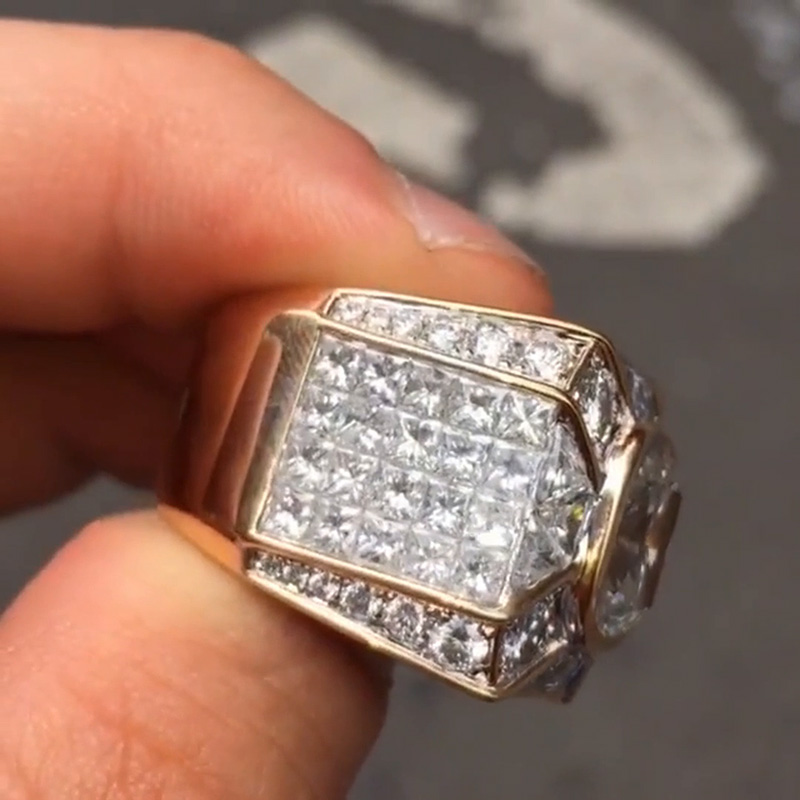 4.5ct Cushion Cut White Sapphire With Round & Trillion Cut Pave Setting Men's Ring In Yellow Gold