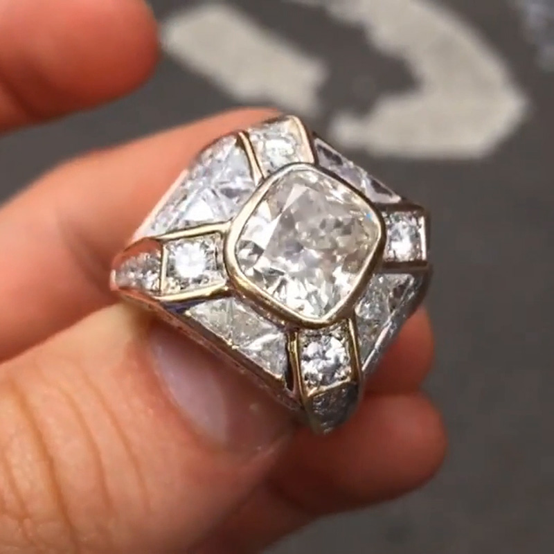 4.5ct Cushion Cut White Sapphire With Round & Trillion Cut Pave Setting Men's Ring In Yellow Gold