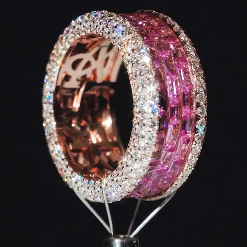 8.9ct Baguette Cut Pink Sapphire With Round Cut White Sapphire Pave Setting Men's Eternity Band In Rose Gold