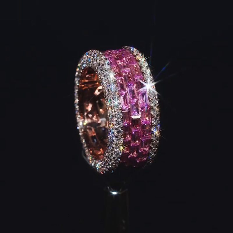 8.9ct Baguette Cut Pink Sapphire With Round Cut White Sapphire Pave Setting Men's Eternity Band In Rose Gold