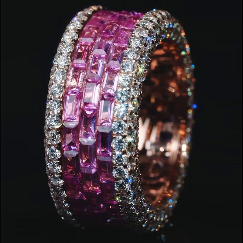 8.9ct Baguette Cut Pink Sapphire With Round Cut White Sapphire Pave Setting Men's Eternity Band In Rose Gold
