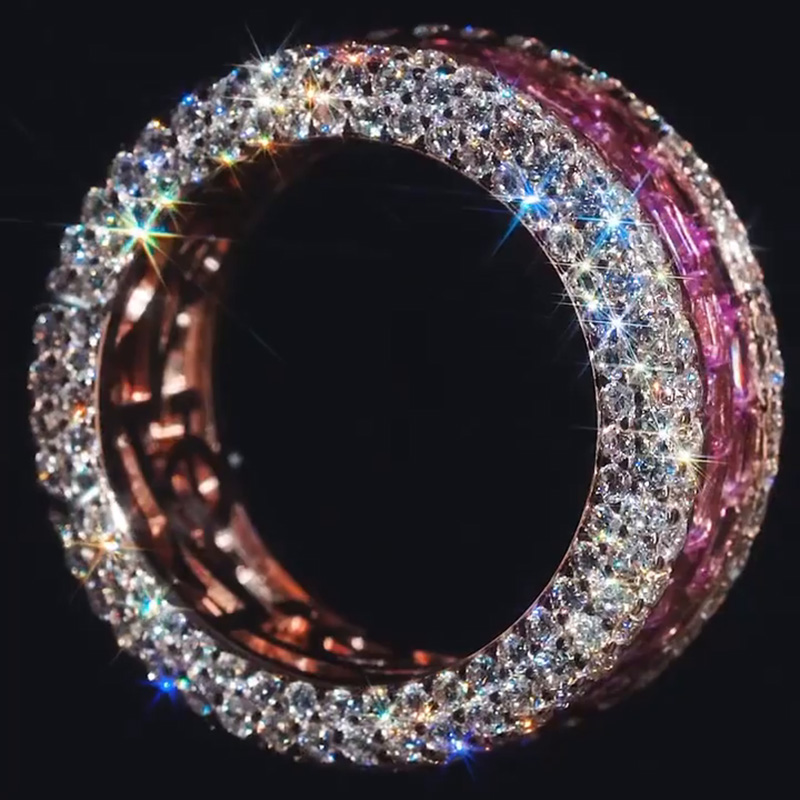 8.9ct Baguette Cut Pink Sapphire With Round Cut White Sapphire Pave Setting Men's Eternity Band In Rose Gold