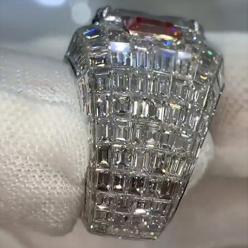 10ct Emerald Cut White Sapphire Handmade Men's Chandelier Ring