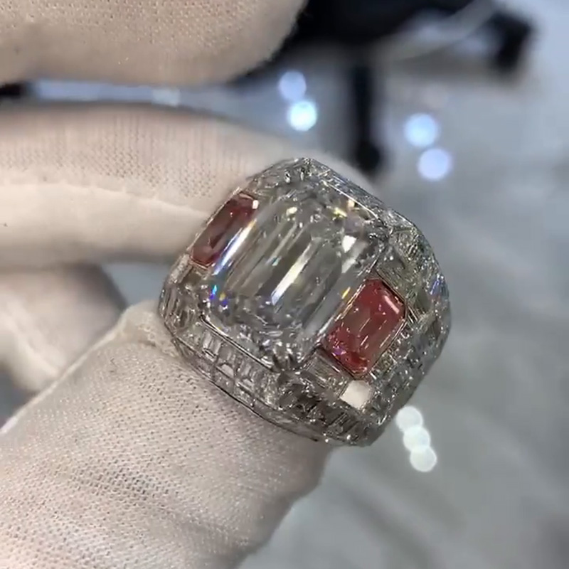 10ct Emerald Cut White Sapphire Handmade Men's Chandelier Ring