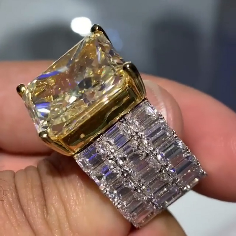 13.5ct Radiant Cut Yellow Sapphire With Emerald Cut White Sapphire Two-Tone Men's Ring