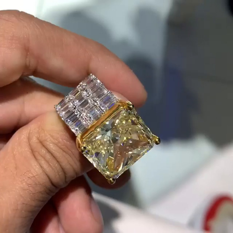 13.5ct Radiant Cut Yellow Sapphire With Emerald Cut White Sapphire Two-Tone Men's Ring