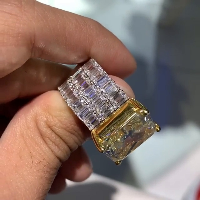 13.5ct Radiant Cut Yellow Sapphire With Emerald Cut White Sapphire Two-Tone Men's Ring