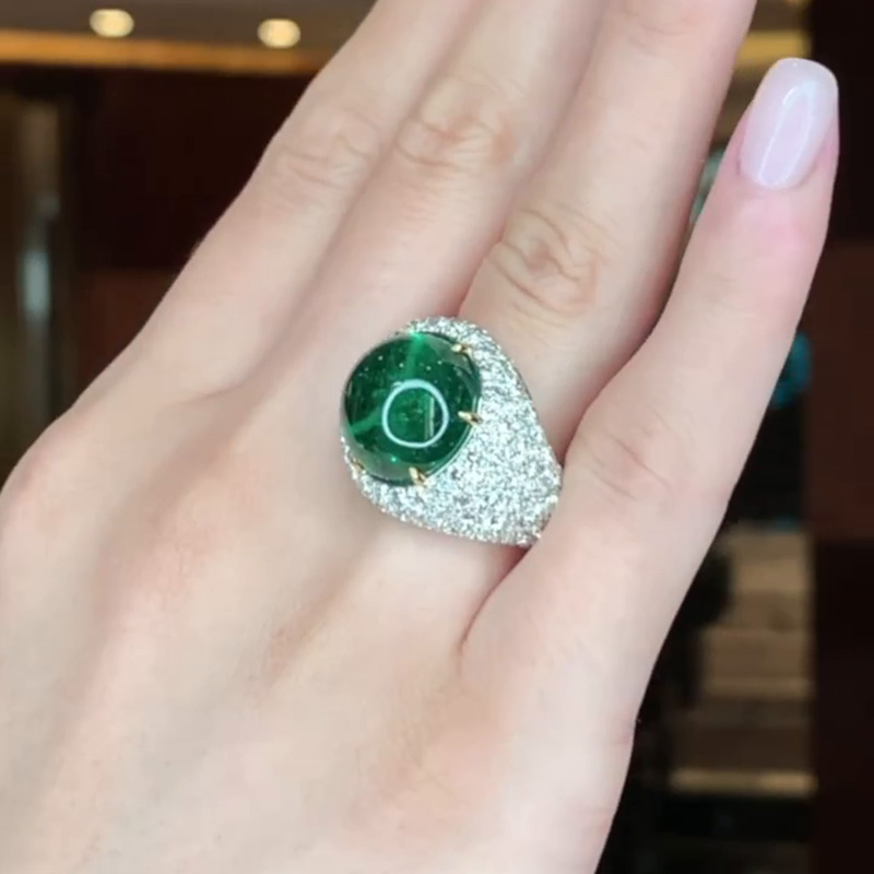 13.5ct Cabochon Emerald With Round White Sapphires Setting Engagement Ring