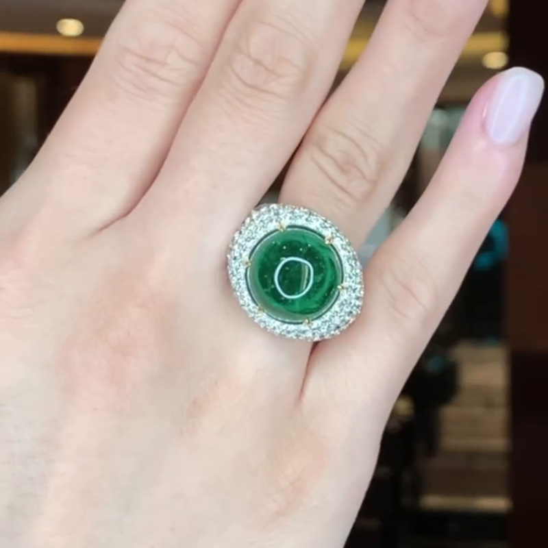 13.5ct Cabochon Emerald With Round White Sapphires Setting Engagement Ring