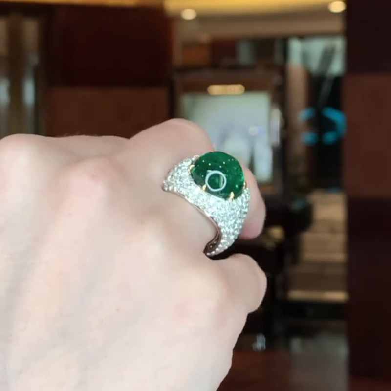 13.5ct Cabochon Emerald With Round White Sapphires Setting Engagement Ring