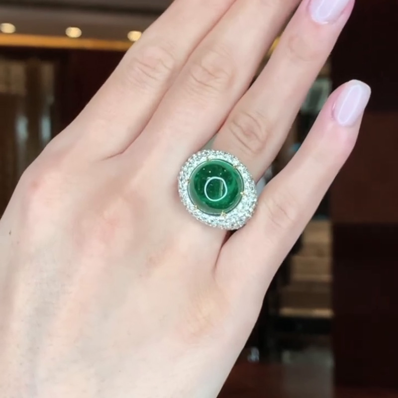13.5ct Cabochon Emerald With Round White Sapphires Setting Engagement Ring