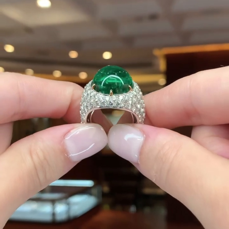 13.5ct Cabochon Emerald With Round White Sapphires Setting Engagement Ring