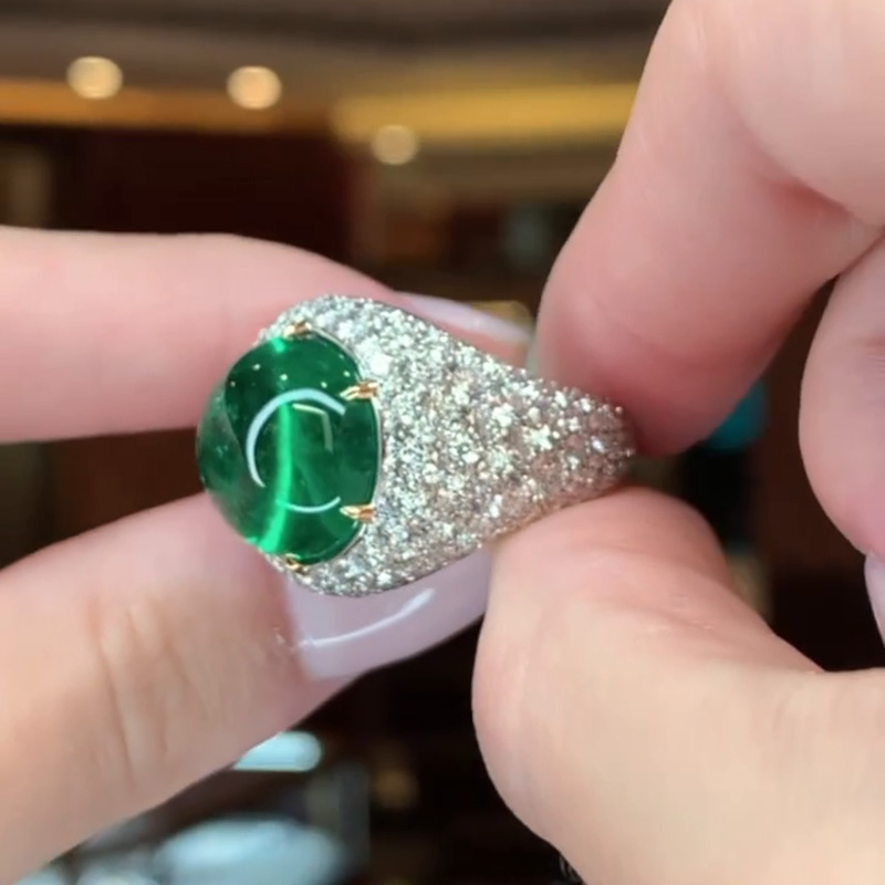 13.5ct Cabochon Emerald With Round White Sapphires Setting Engagement Ring
