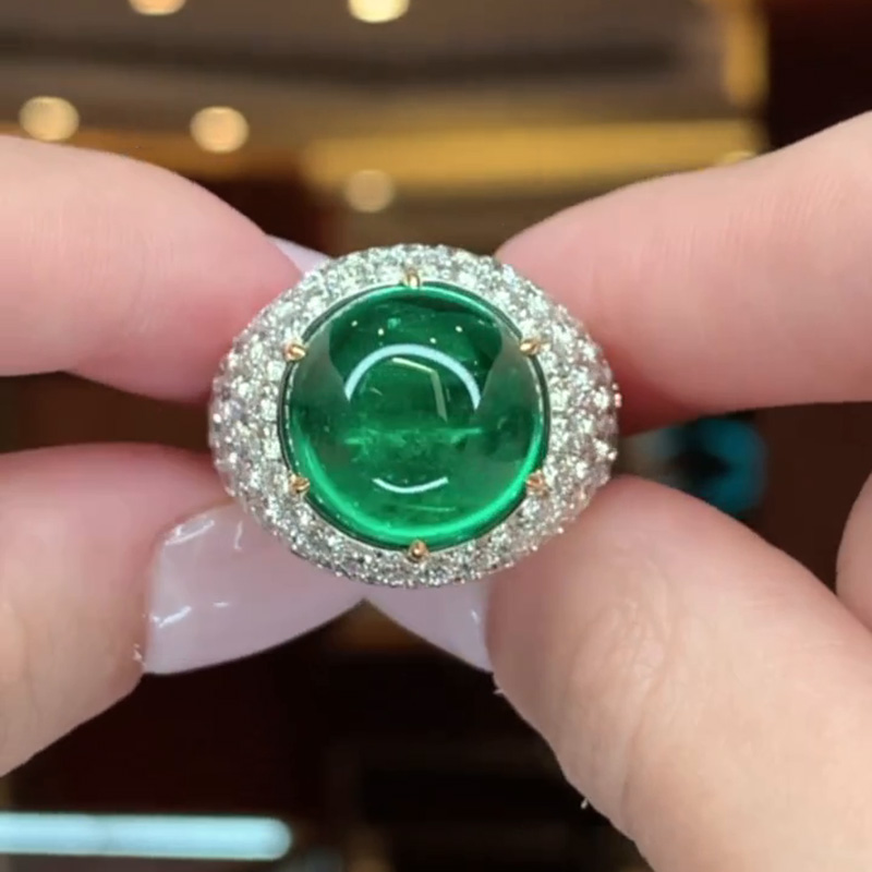 13.5ct Cabochon Emerald With Round White Sapphires Setting Engagement Ring