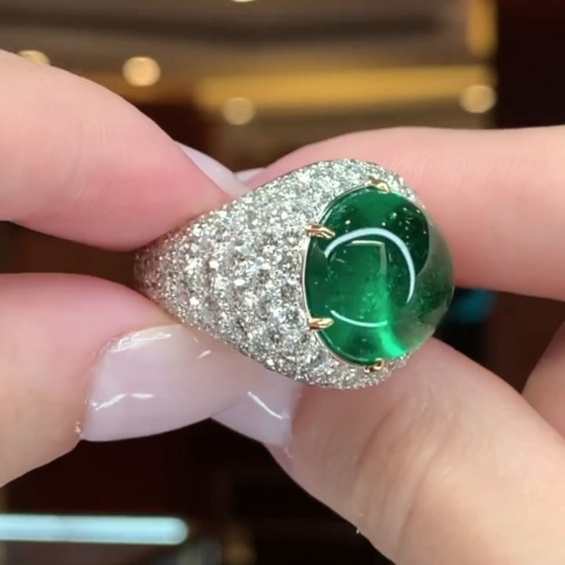 13.5ct Cabochon Emerald With Round White Sapphires Setting Engagement Ring