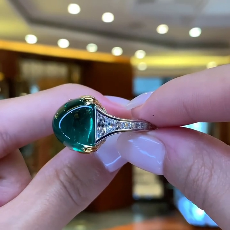 22.8ct Cabochon Colombian Emerald Two-Tone Engagement Ring