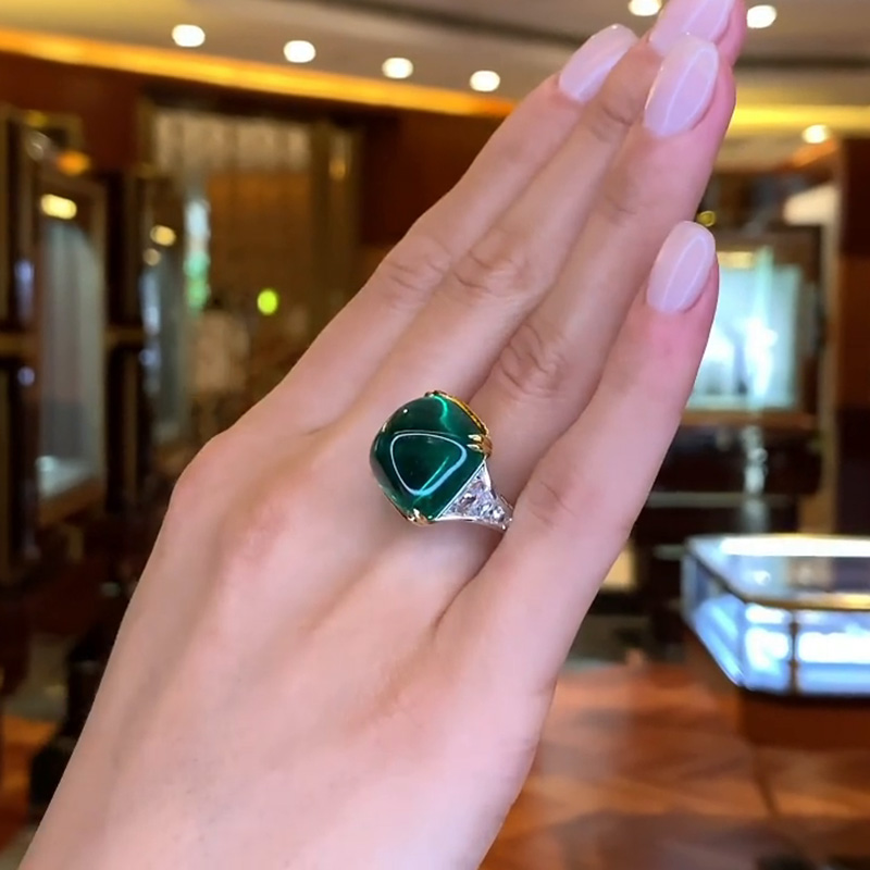 22.8ct Cabochon Colombian Emerald Two-Tone Engagement Ring