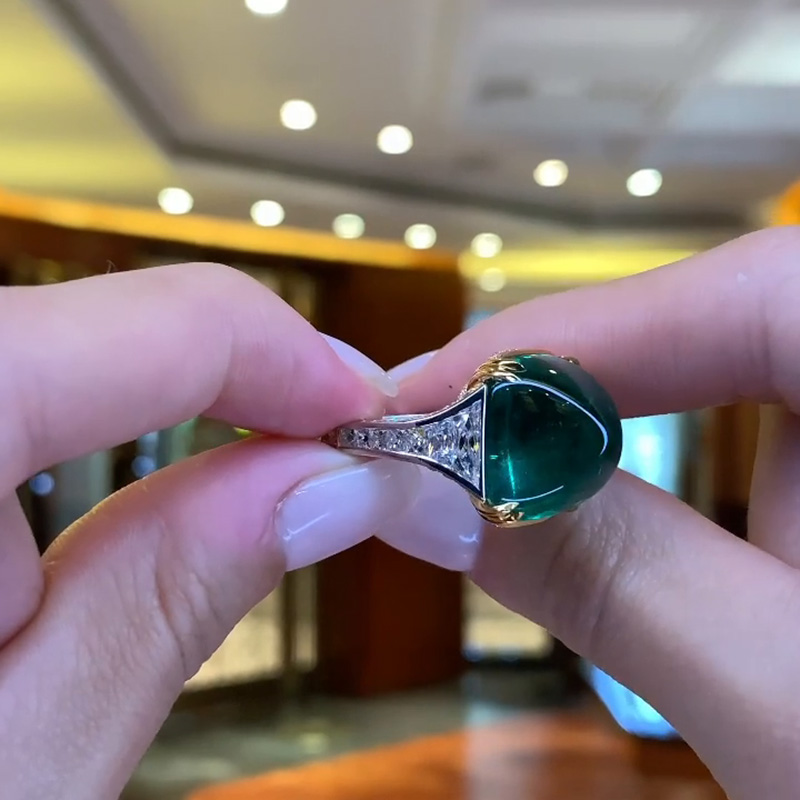 22.8ct Cabochon Colombian Emerald Two-Tone Engagement Ring