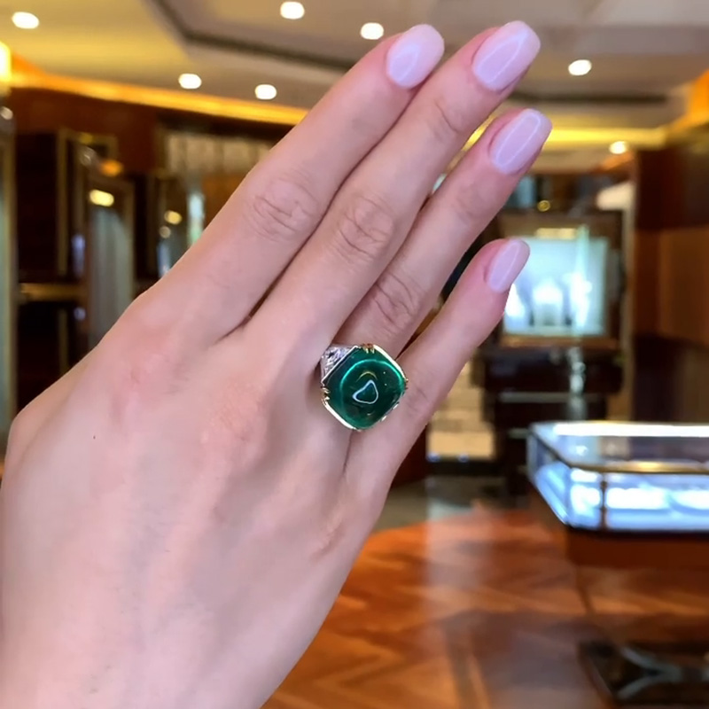 22.8ct Cabochon Colombian Emerald Two-Tone Engagement Ring