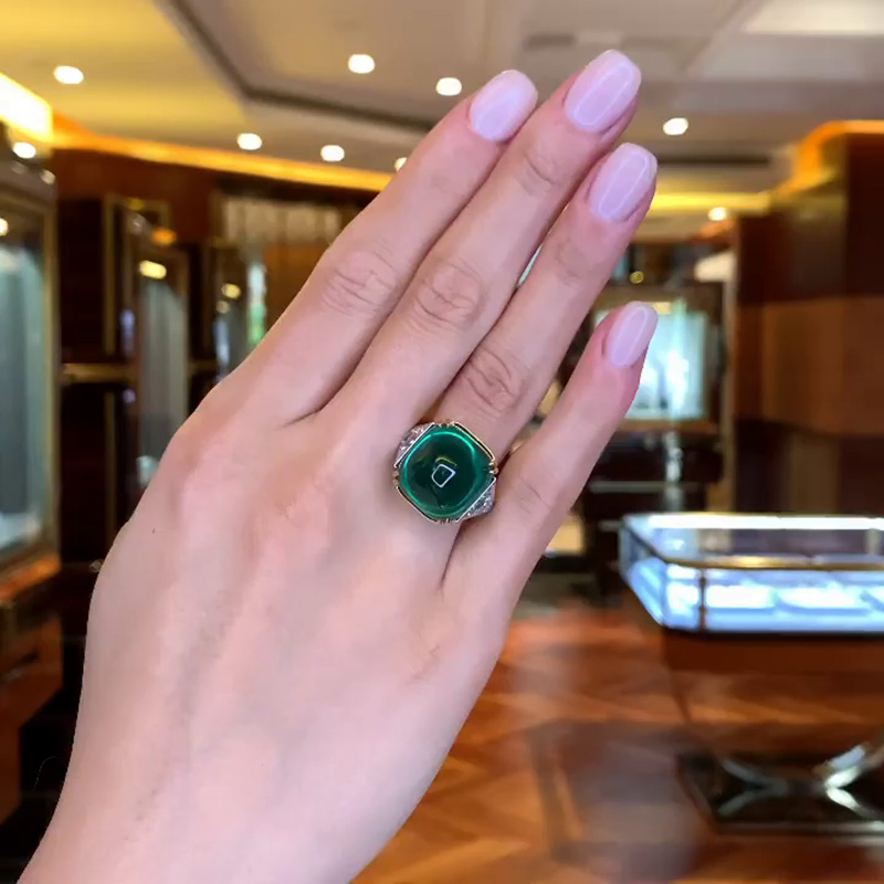 22.8ct Cabochon Colombian Emerald Two-Tone Engagement Ring