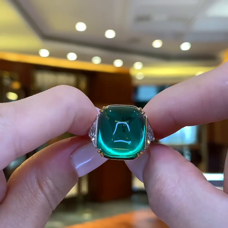 22.8ct Cabochon Colombian Emerald Two-Tone Engagement Ring