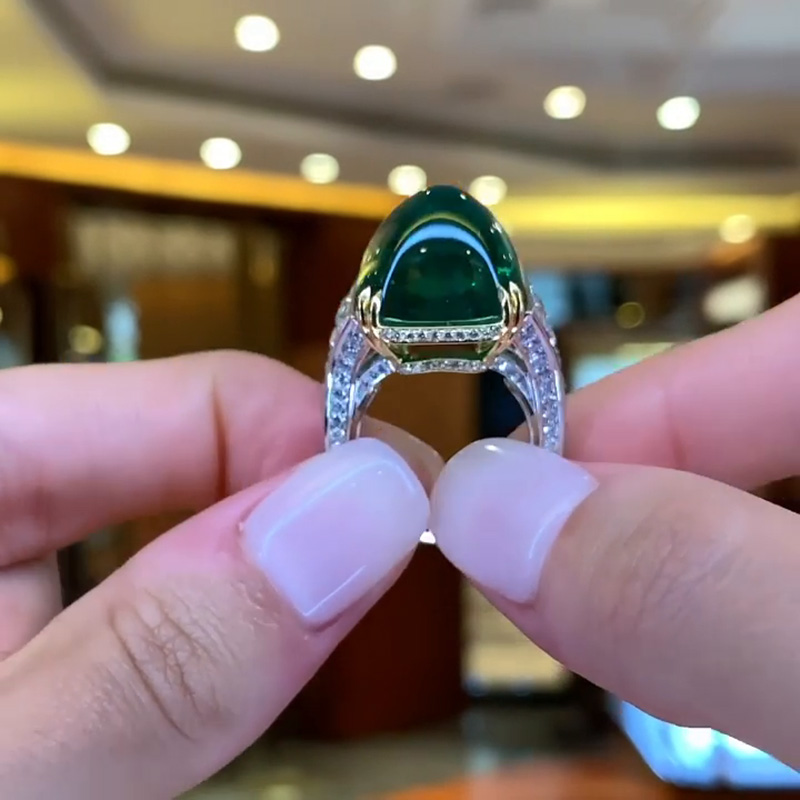 22.8ct Cabochon Colombian Emerald Two-Tone Engagement Ring