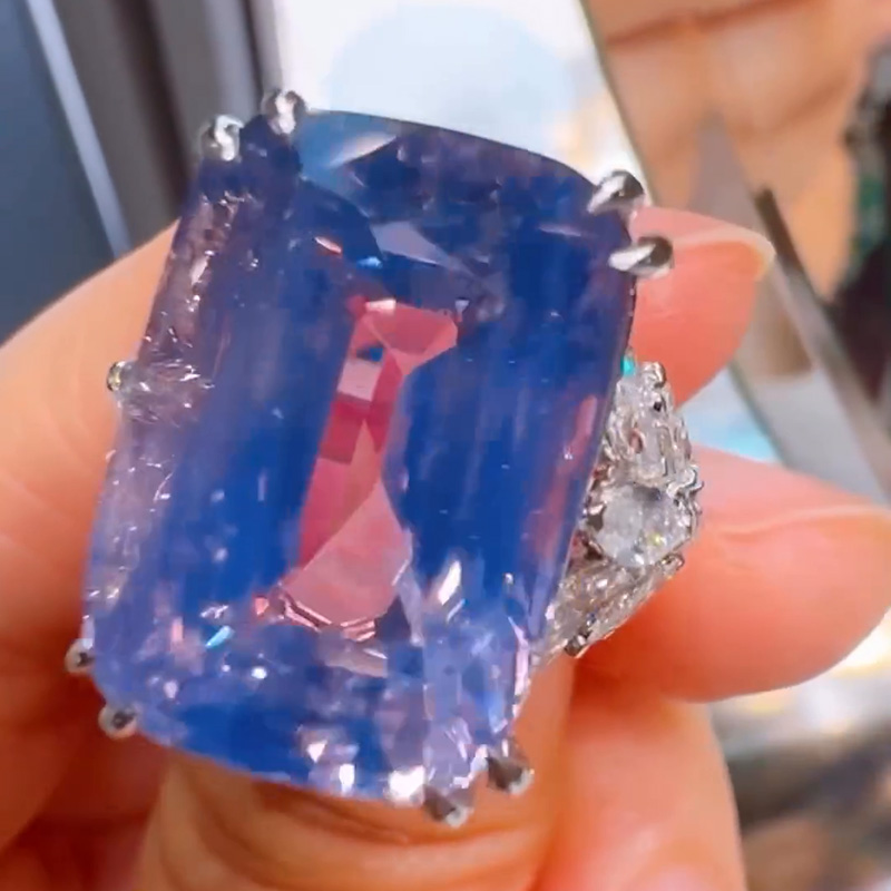 20ct Cushion Cut Blue Sapphire Flanked By Marquise Cut White Sapphire Handmade Sterling Silver Ring