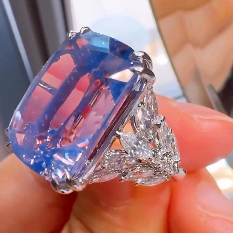 20ct Cushion Cut Blue Sapphire Flanked By Marquise Cut White Sapphire Handmade Sterling Silver Ring