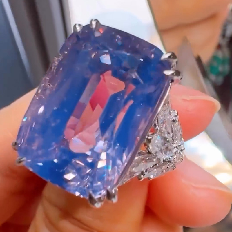 20ct Cushion Cut Blue Sapphire Flanked By Marquise Cut White Sapphire Handmade Sterling Silver Ring
