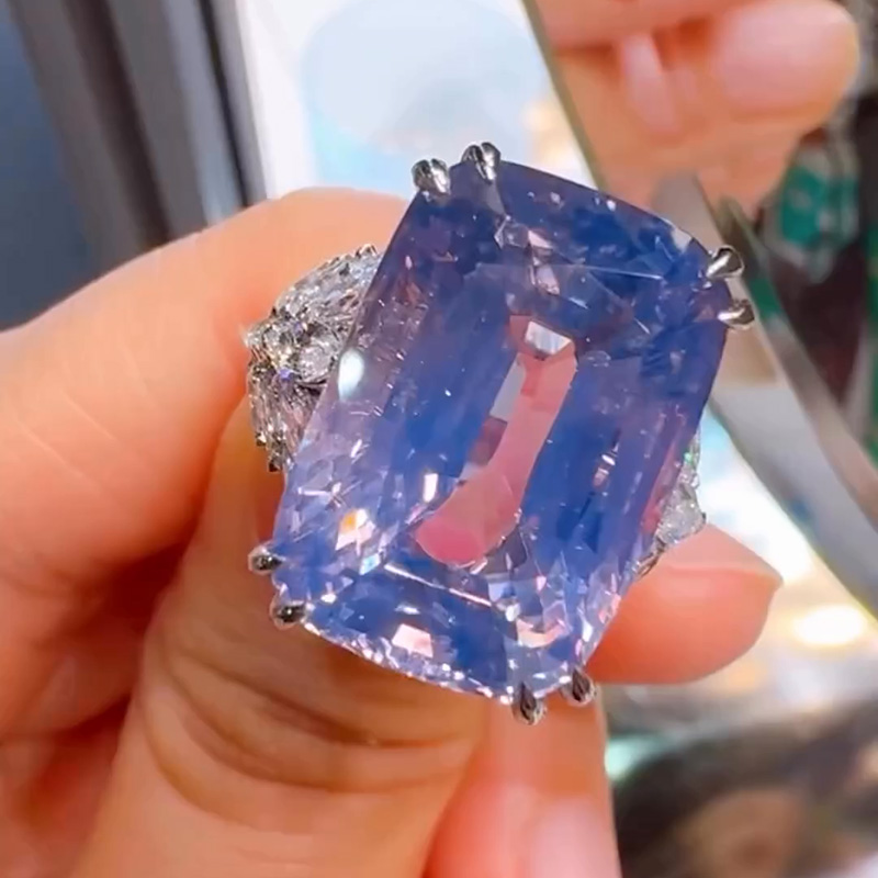 20ct Cushion Cut Blue Sapphire Flanked By Marquise Cut White Sapphire Handmade Sterling Silver Ring
