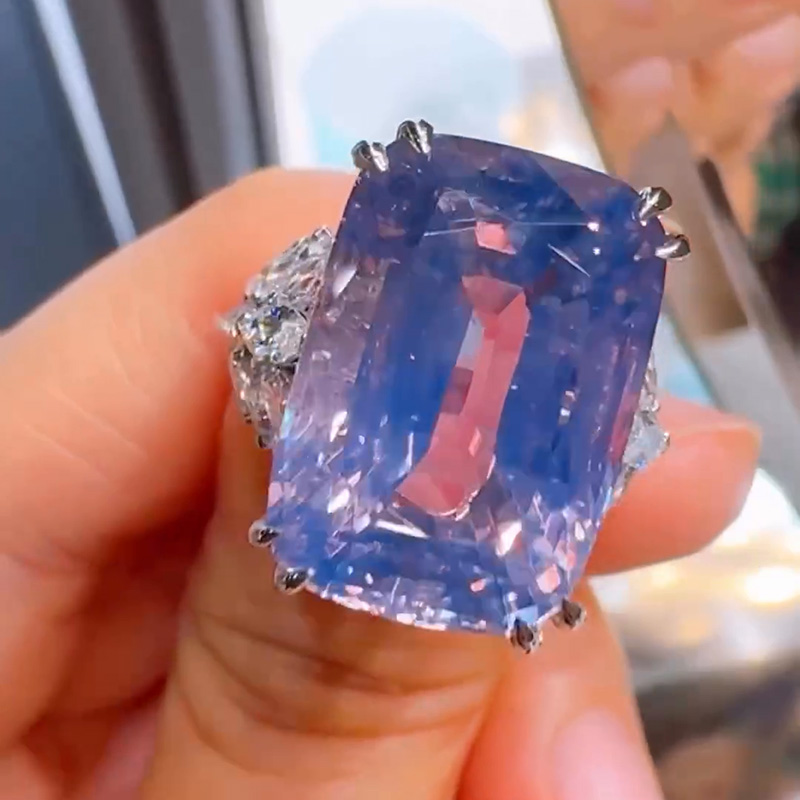 20ct Cushion Cut Blue Sapphire Flanked By Marquise Cut White Sapphire Handmade Sterling Silver Ring