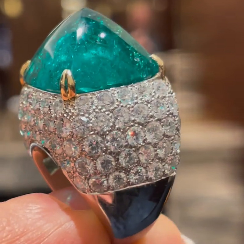 10.5ct Sugar Loaf Cabochon Emerald Paved Two-Tone Handmade Sterling Silver Ring