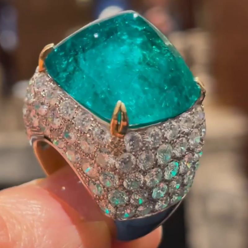 10.5ct Sugar Loaf Cabochon Emerald Paved Two-Tone Handmade Sterling Silver Ring