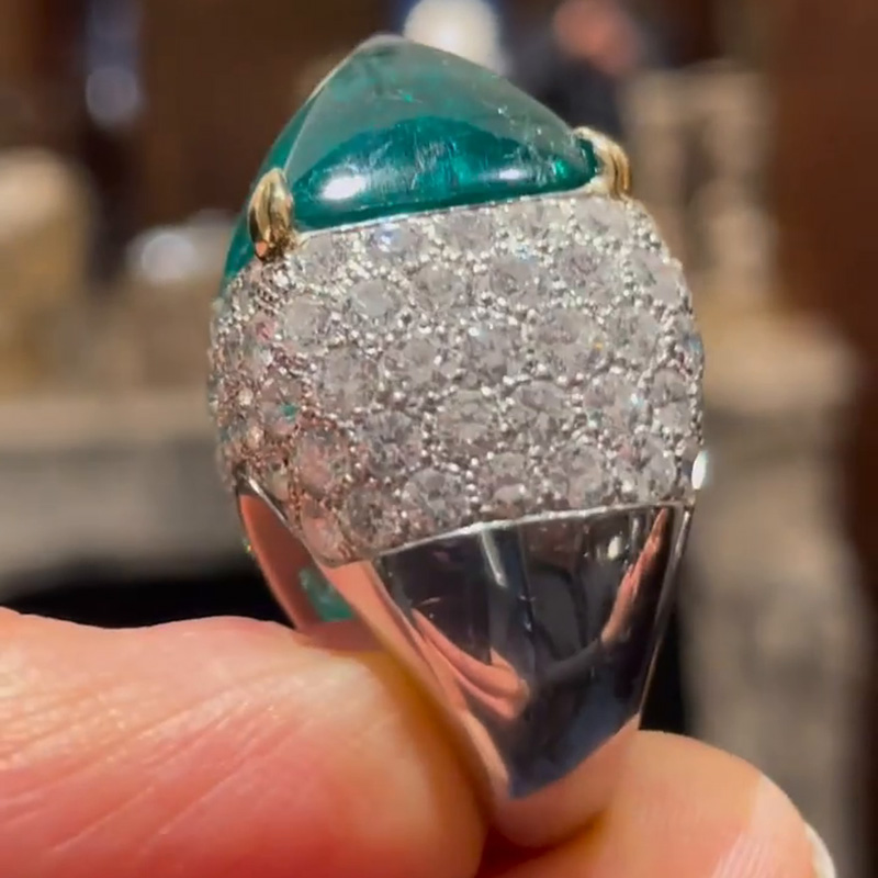 10.5ct Sugar Loaf Cabochon Emerald Paved Two-Tone Handmade Sterling Silver Ring